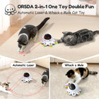 ORSDA Juguete láser para gatos, juguetes interactivos 2 en 1 para gatos de interior, puntero láser automático, 8 agujeros, ratones golpean una pluma móvil, juguetes electrónicos recargables por USB