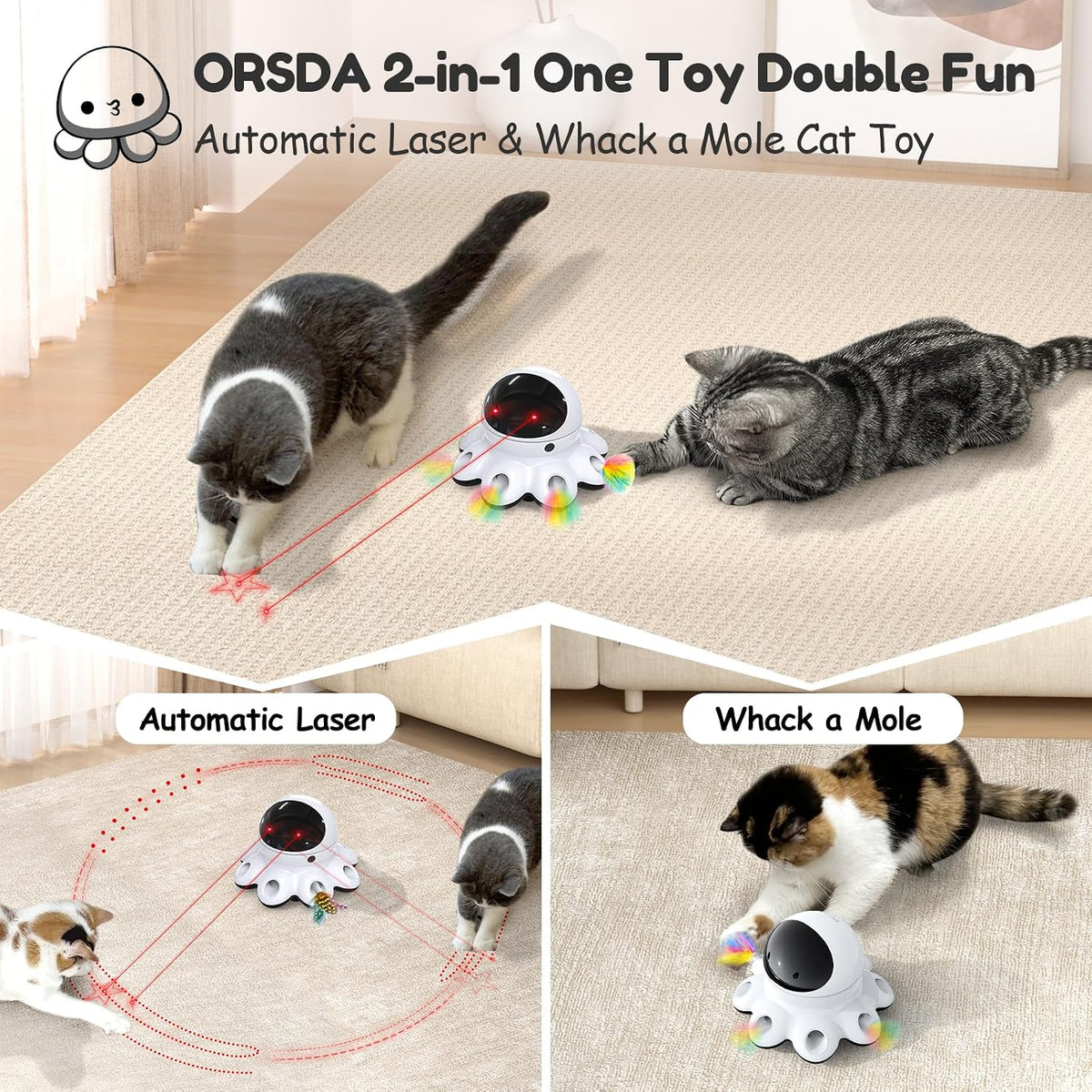 ORSDA Juguete láser para gatos, juguetes interactivos 2 en 1 para gatos de interior, puntero láser automático, 8 agujeros, ratones golpean una pluma móvil, juguetes electrónicos recargables por USB
