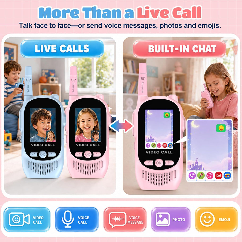 Walkie Talkies de video para niños, paquete de 2 juguetes recargables para cámara y pantalla, chat de campamento de largo alcance para interiores y exteriores, radios bidireccionales, regalos de