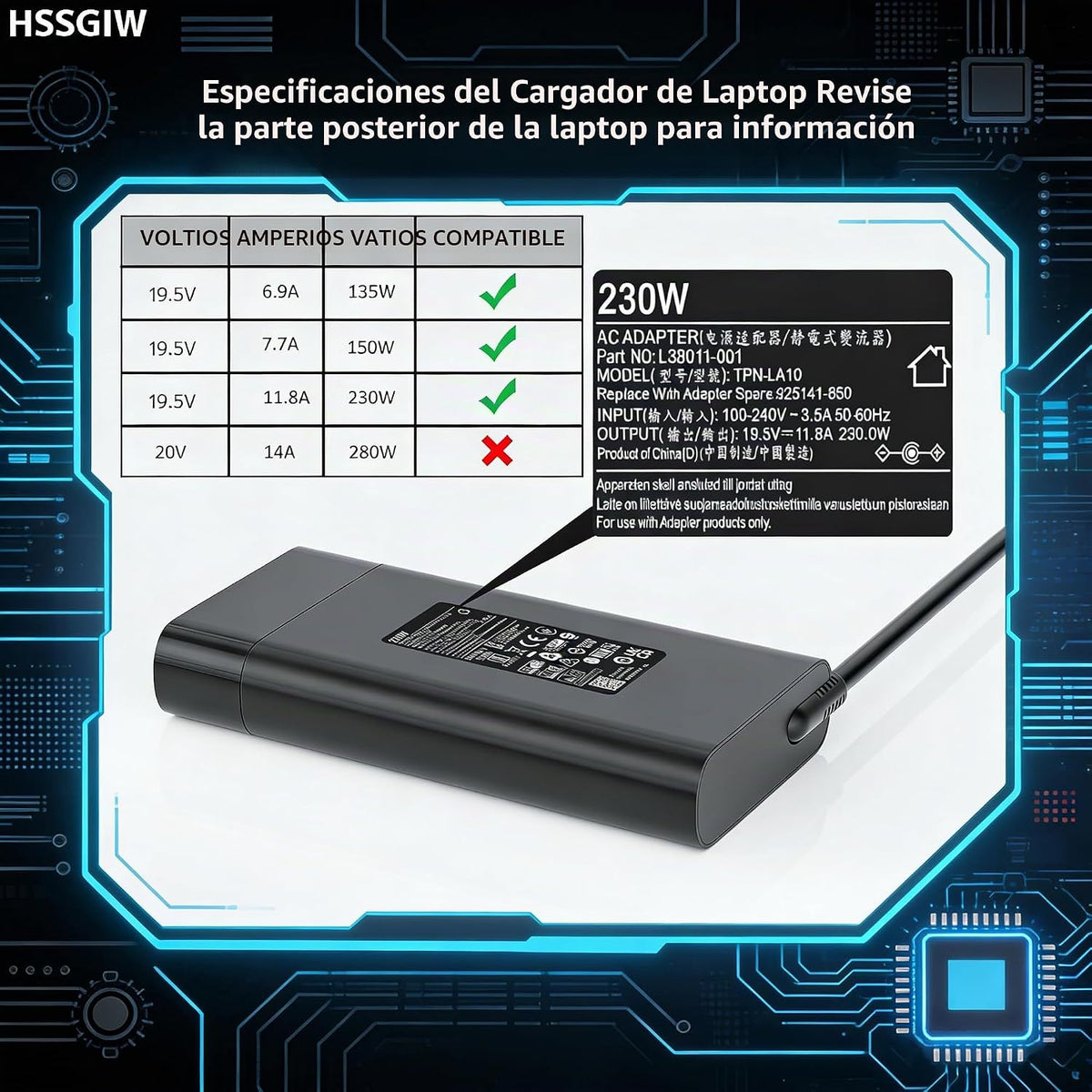Cargador de portátil para juegos de 230 W y 200 W, apto para HP OMEN Victus