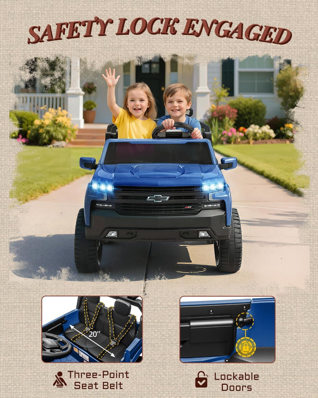 First Ride On Juguetes de 24 V y 2 plazas con licencia Chevrolet Silverado, vehículo eléctrico con control remoto y cinturones de seguridad, camión eléctrico con maletero, Bluetooth y luces LED (azul)
