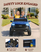First Ride On Juguetes de 24 V y 2 plazas con licencia Chevrolet Silverado, vehículo eléctrico con control remoto y cinturones de seguridad, camión eléctrico con maletero, Bluetooth y luces LED (azul)