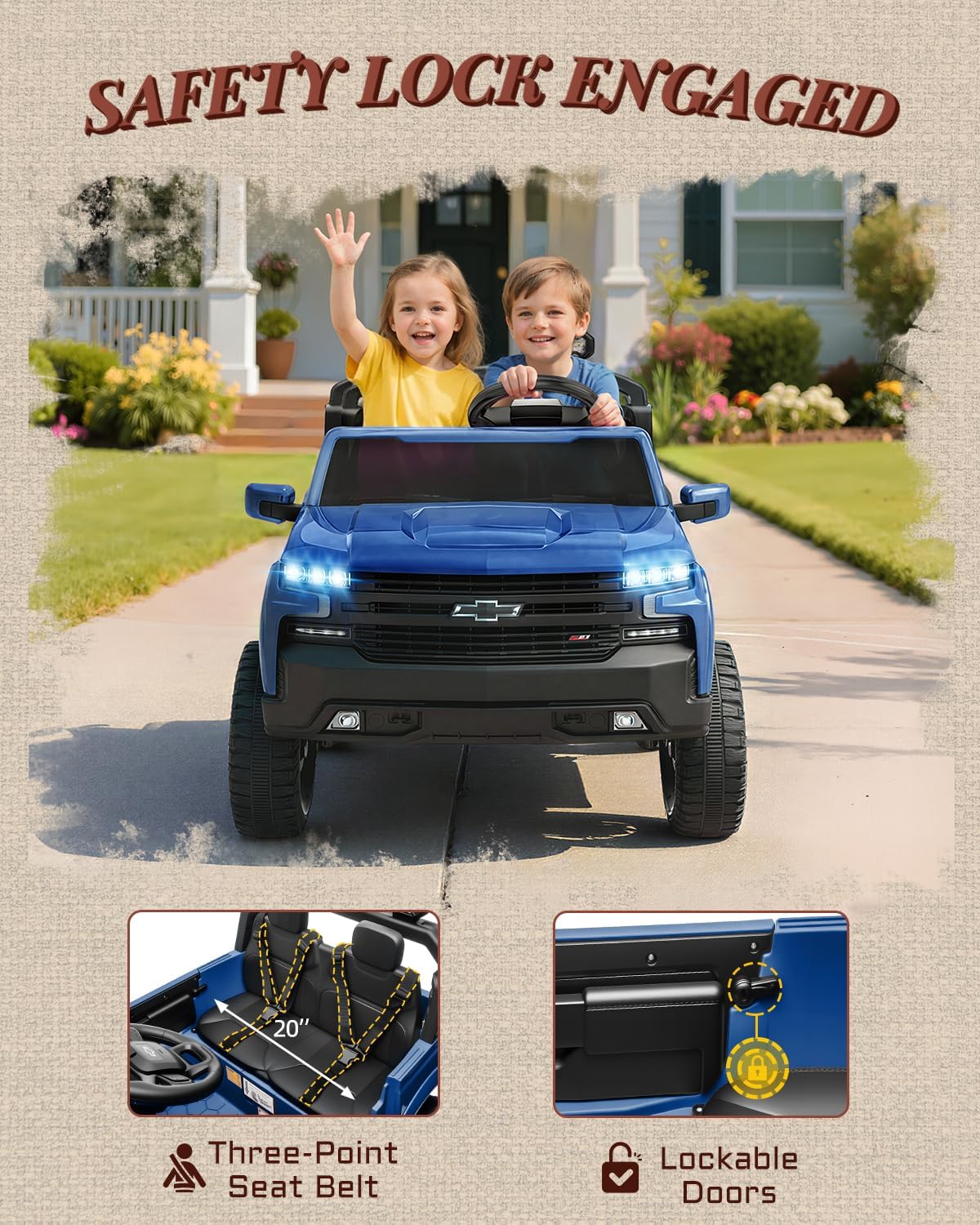 First Ride On Juguetes de 24 V y 2 plazas con licencia Chevrolet Silverado, vehículo eléctrico con control remoto y cinturones de seguridad, camión eléctrico con maletero, Bluetooth y luces LED (azul)