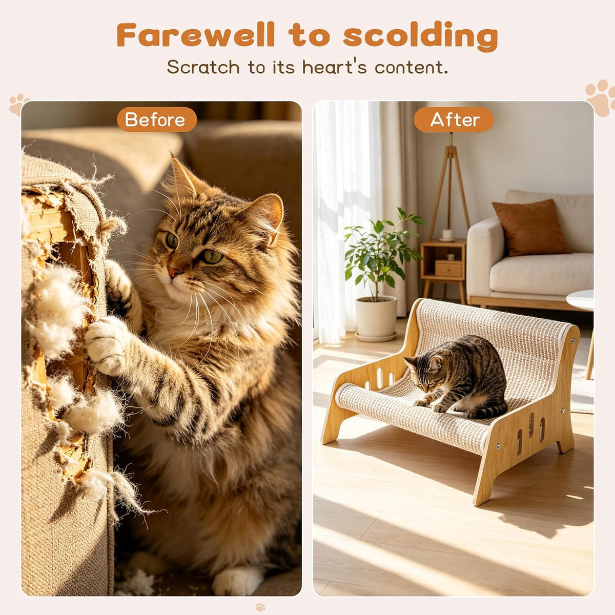 Sofá rascador grande de sisal para gatos de interior, muebles de tabla de