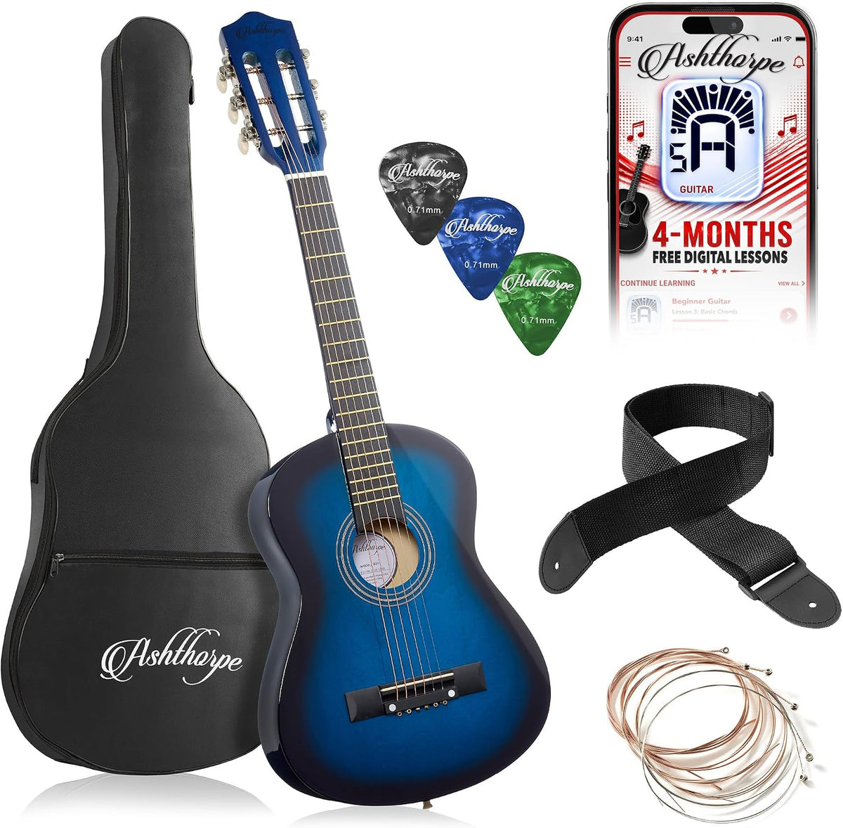 Ashthorpe Guitarra acústica para niños de 30 pulgadas (azul), kit de inicio para principiantes con bolsa de concierto, cuerdas adicionales, correa, púas y lecciones