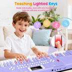 Teclado de piano para niños de 61 teclas con teclas iluminadas, modo de enseñanza, altavoz dual