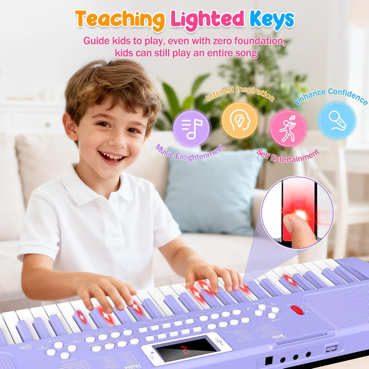 Teclado de piano para niños de 61 teclas con teclas iluminadas, modo de enseñanza, altavoz dual