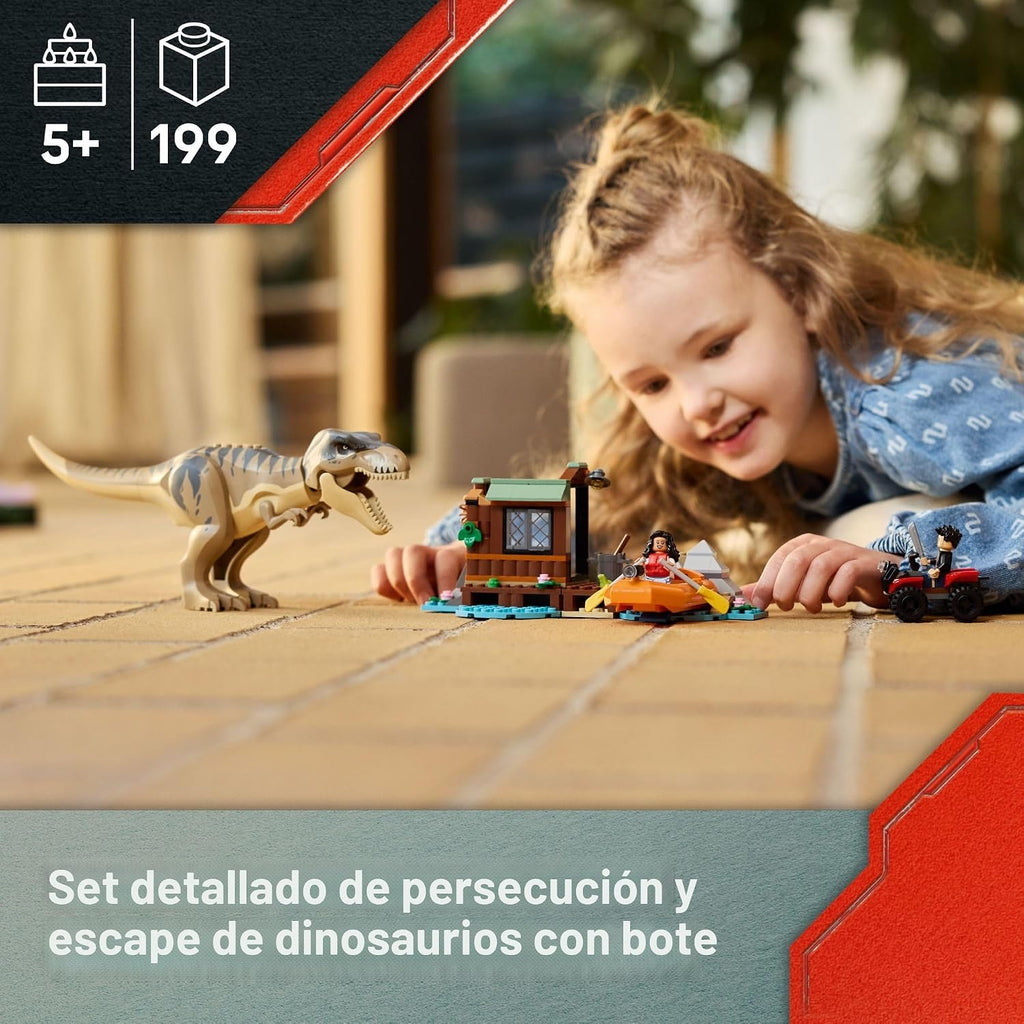 LEGO Jurassic World T. rex River Escape - Juguete de dinosaurio para niños, niños y niñas, de 5 a 7 años - Minifiguras de barco de juguete Jurassic World, regalo creativo de dinosaurio para fanáticos de las películas - 76975