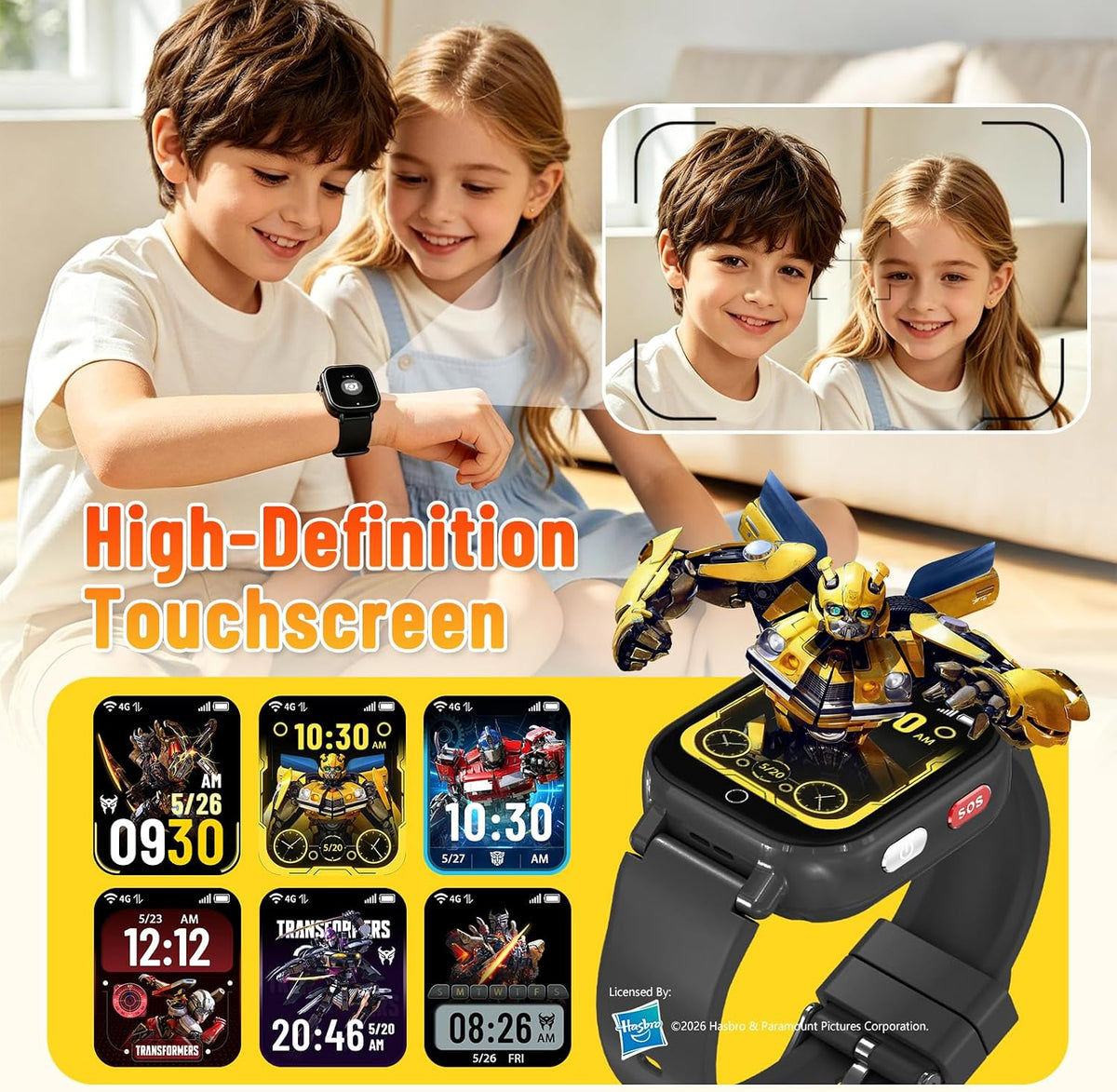 Reloj inteligente teléfono 4G para niños Transformers, GPS, videollamadas, resistente al agua - Negro