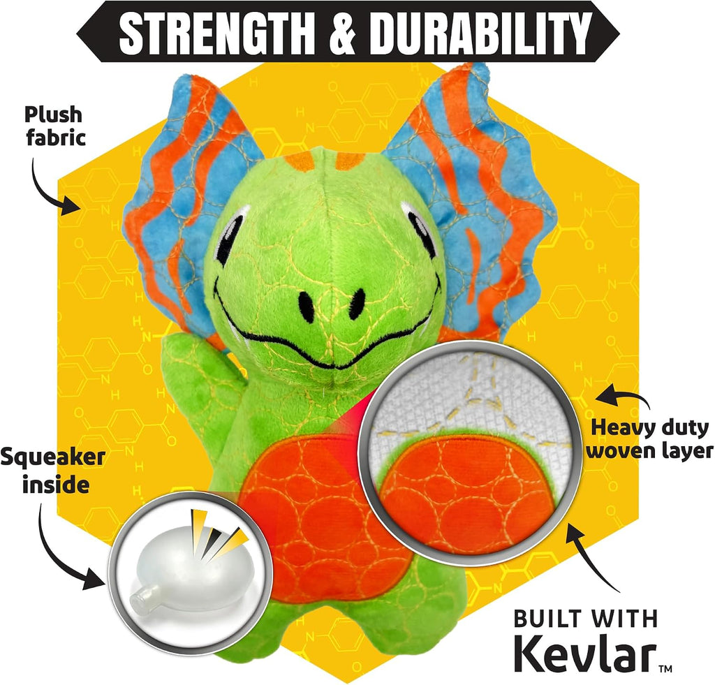 Bite Force - Juguete duradero y fuerte para perros, dinosaurio verde con chirriador, reforzado con Kevlar para masticadores agresivos.