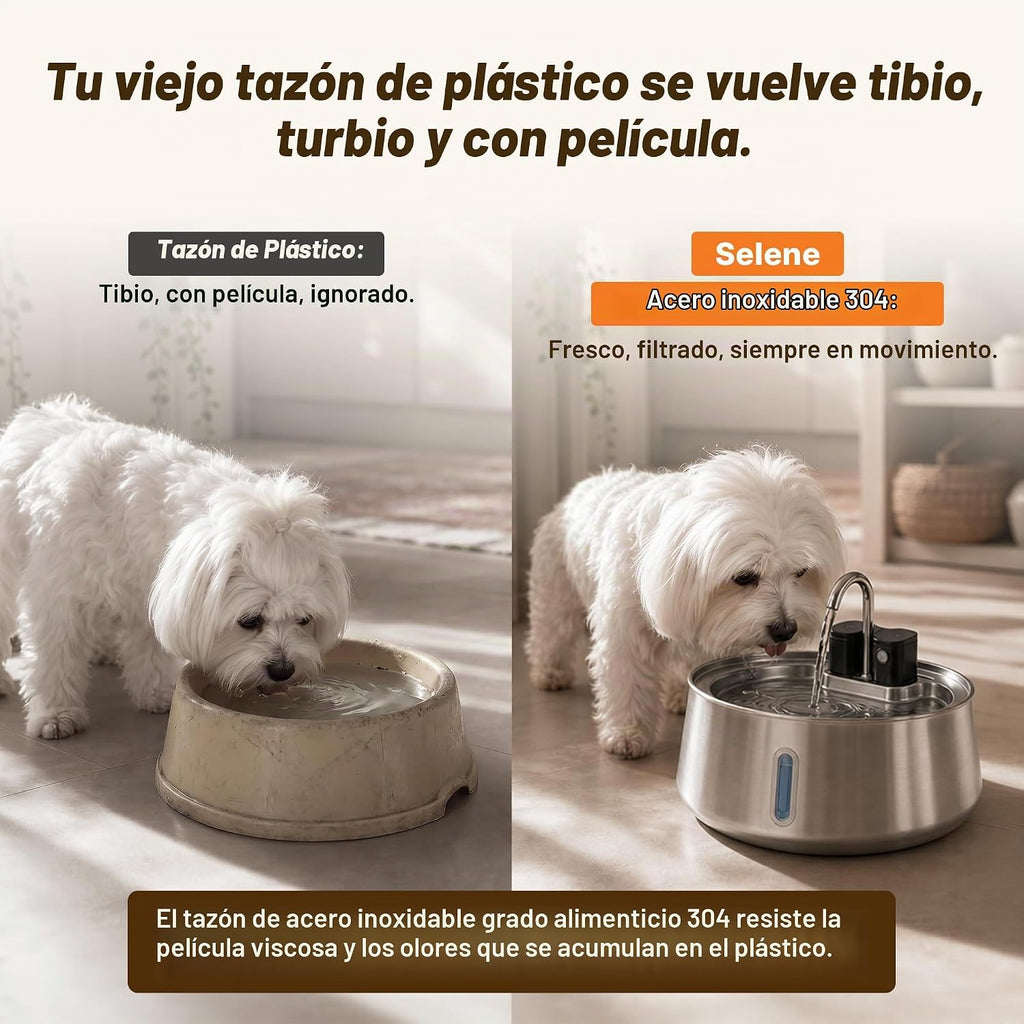 Selene - Fuente inalámbrica para perros, fuente de agua inalámbrica para perros en el interior, fuente de acero inoxidable para mascotas, filtración de 4 capas, batería de 30 días