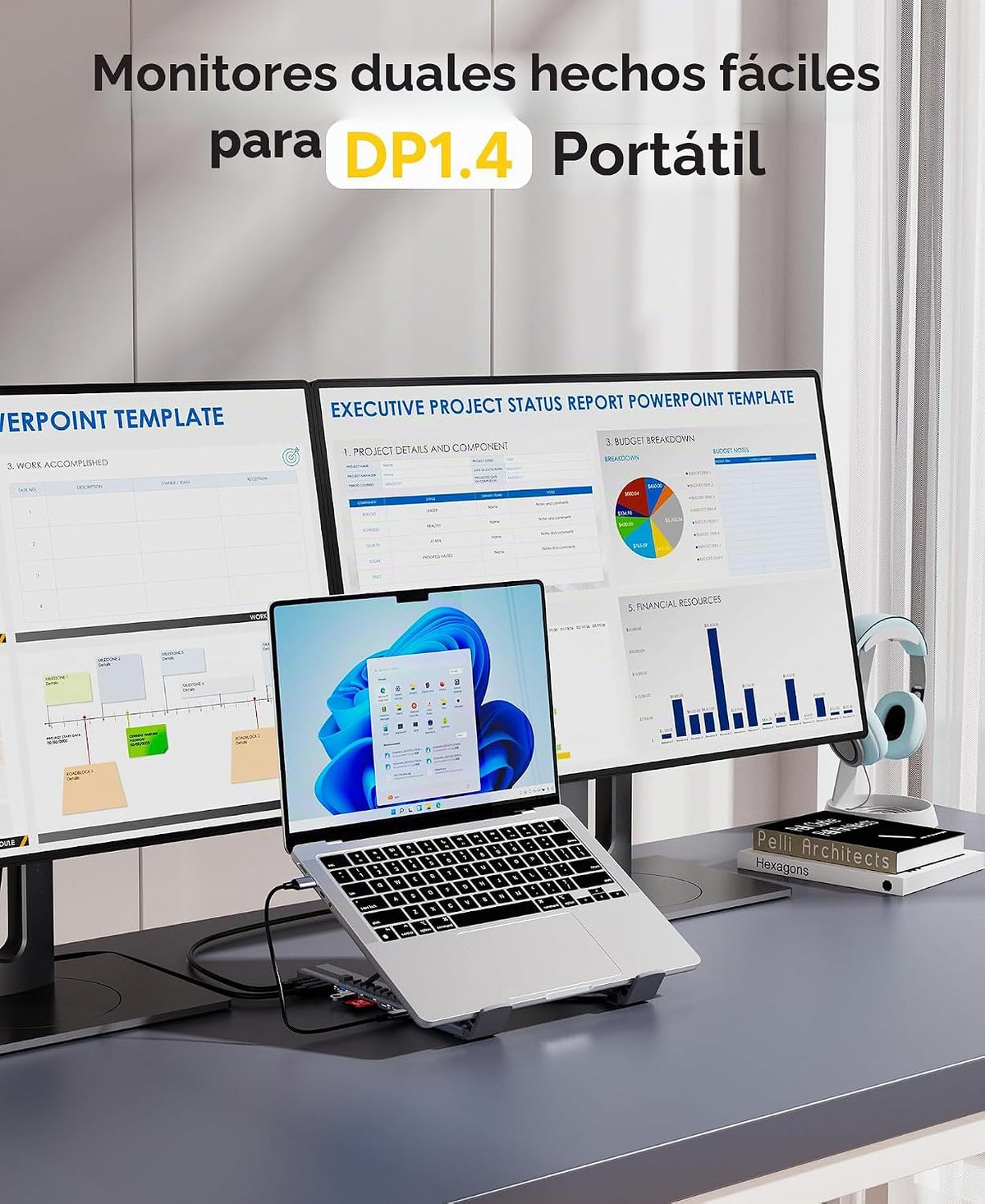 Estación de acoplamiento con soporte para laptop USB C, monitor dua...