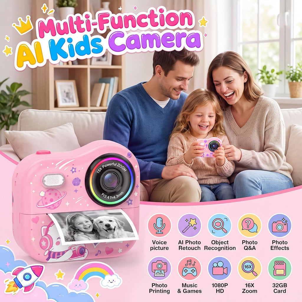 Cámara para Niños AI con Impresión Instantánea y Tarjeta de 32GB, 5 Rollos de Papel, 1080P