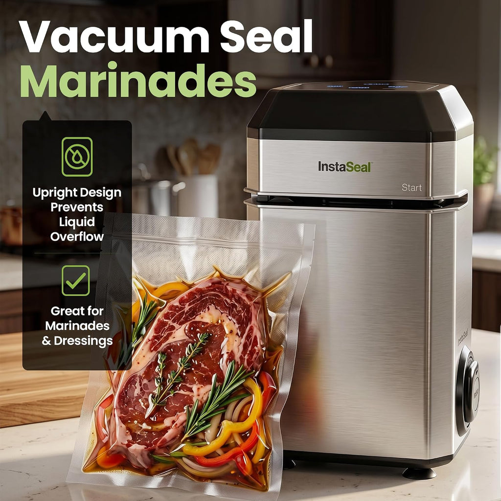 Sellador al vacío InstaSeal para alimentos con 12 bolsas, conserva los alimentos 5 veces más tiempo, diseño vertical compacto que ahorra espacio que permite que la máquina selle con calor adobos