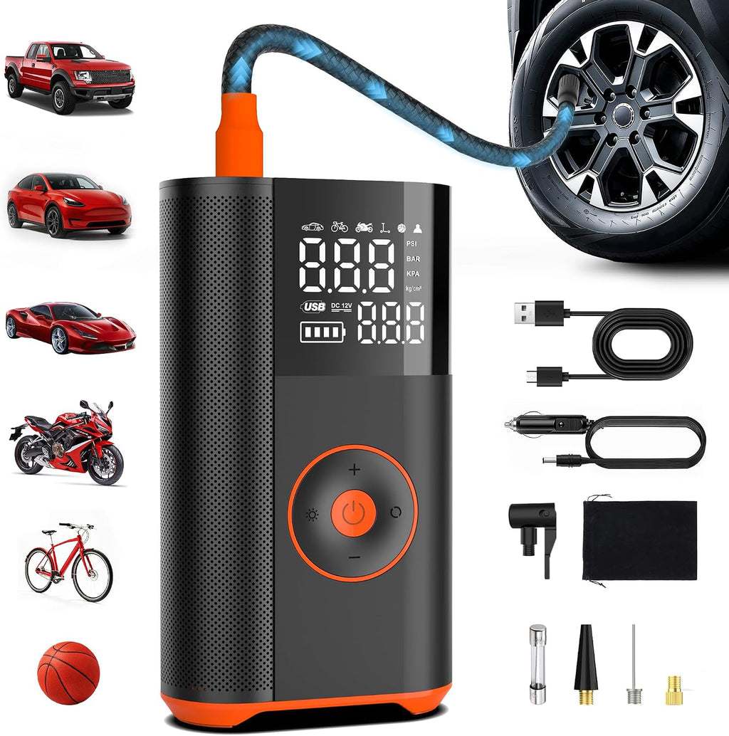 Inflador de neumáticos, compresor de aire portátil, 25 cilindros 100 W, inflado rápido, batería de 7800 mAh y bomba de aire inalámbrica de doble potencia de 12 V CC con doble calibre digital para
