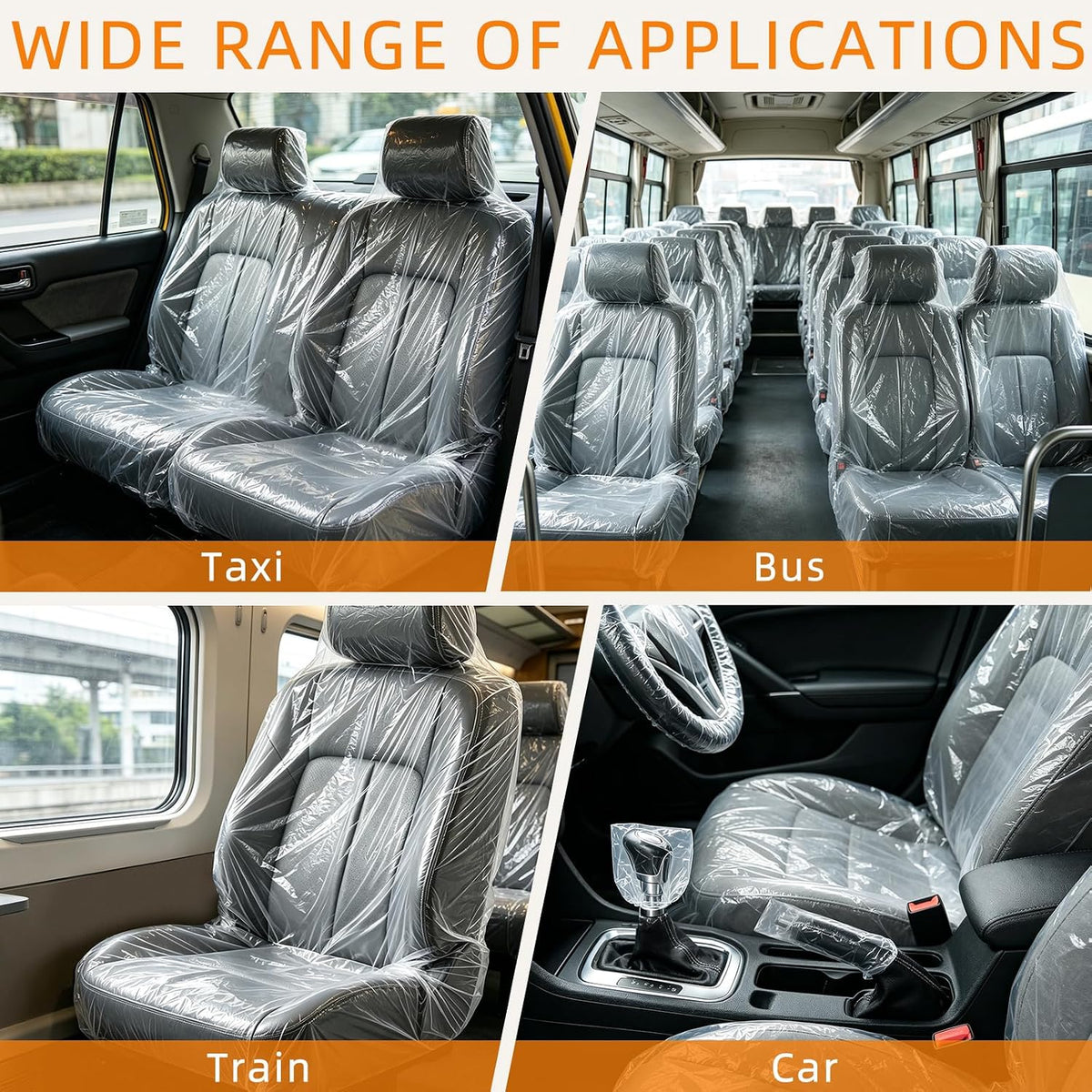 Paquete de 250 fundas desechables para asiento de automóvil, juego de protectores de asiento de plástico transparente para automóviles, incluye volante, selector de engranajes y fundas para