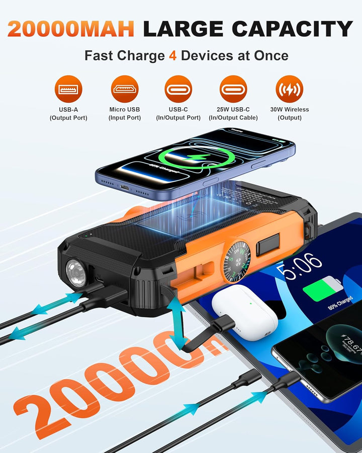 Banco de energía solar con manivela y cables retráctiles, cargador...