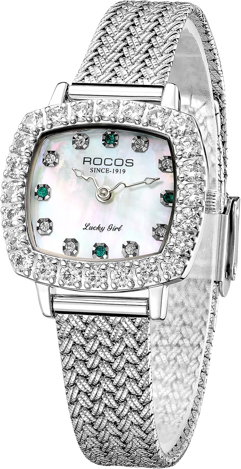 ROCOSJEWE Reloj de plata de lujo de las señoras del diamante para las mujeres, reloj de pulsera de cuarzo cuadrado con la esfera natural de la nácar, elegante esfera pequeña, reloj de las mujeres de marca premium, regalo para las mujeres R0264
