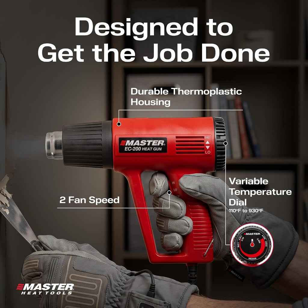 Master Appliance EC-200 Pistola de calor de temperatura variable, pistola de aire caliente, 120V, 10 amperios, 1200W, para envoltura retráctil, conectores de alambre, tubos retráctiles, manualidades