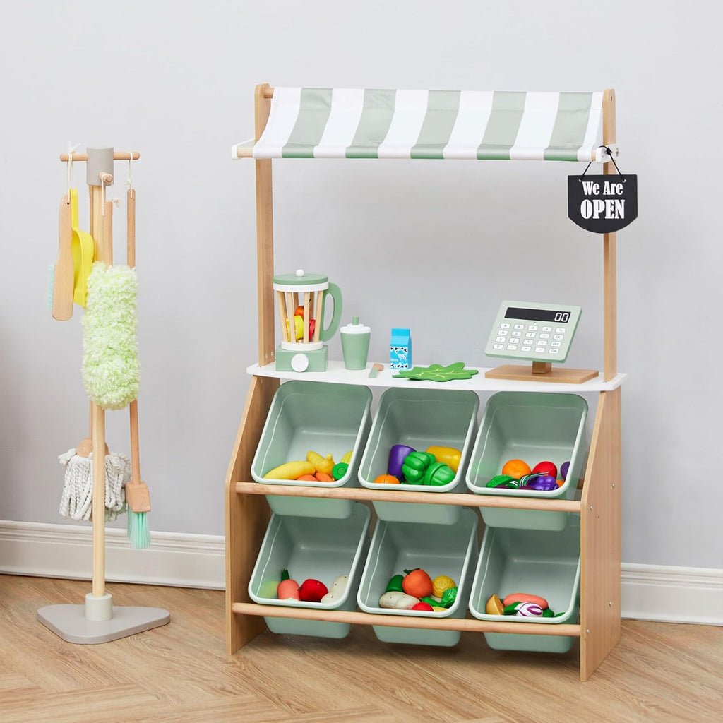 Teamson Kids Little Helper - Puesto de madera del mercado de granjeros con caja registradora de juguete y 6 contenedores de almacenamiento de plástico, verde, TD-13638A-AMZ