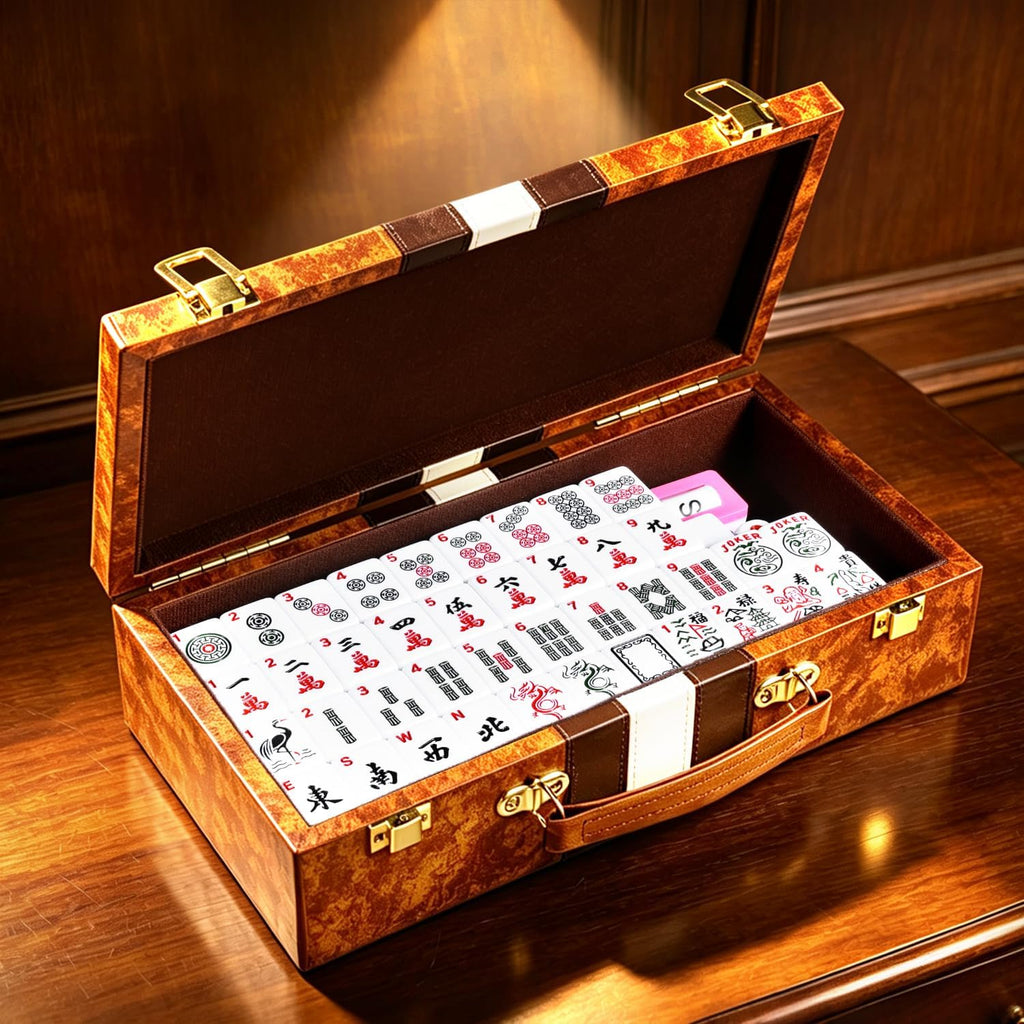 Juego de mahjong americano premium con funda de piel sintética de lujo marrón, 166 azulejos blancos, incluye fichas y dados, juego de azulejos Mahjong portátil de viaje completo
