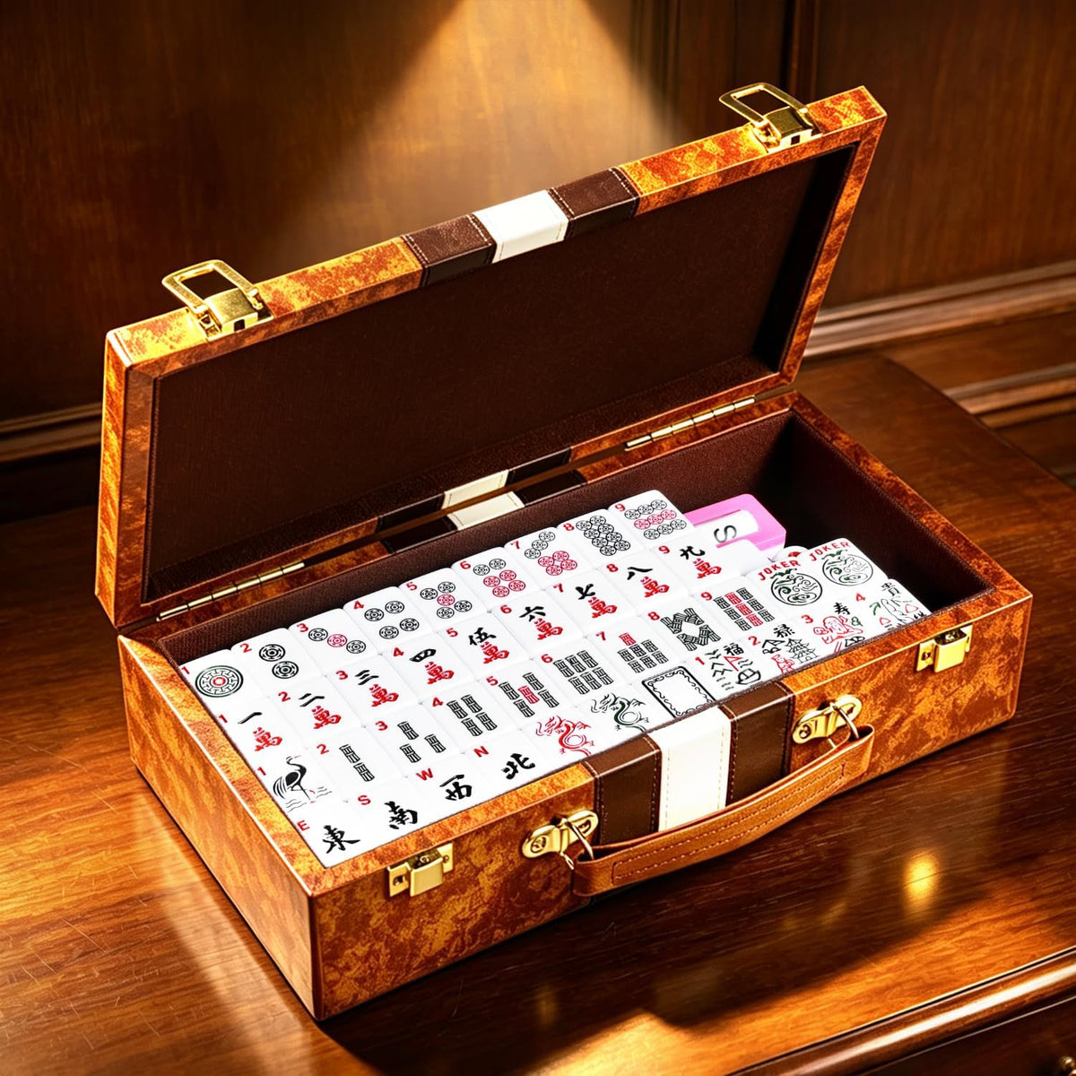 Juego de mahjong americano premium con funda de piel sintética de lujo marrón, 166 azulejos blancos, incluye fichas y dados, juego de azulejos Mahjong portátil de viaje completo