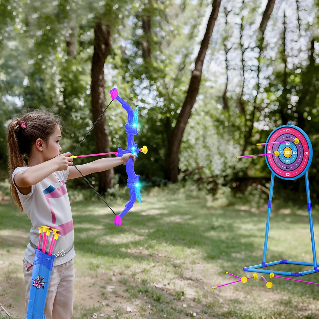 Arco y flecha para niños, juego de tiro con arco iluminado de ángel...