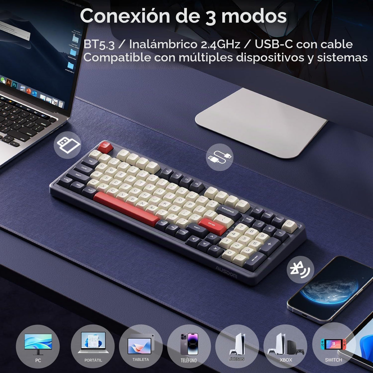 AUSDOM Teclado mecánico Bluetooth inalámbrico H98, BT5.3\/Type-C\/2...