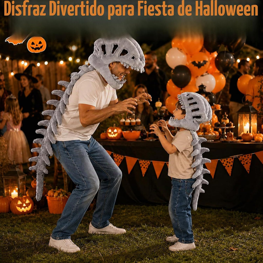 Disfraz de esqueleto de dinosaurio, juguetes de peluche de espinosaurio 3D con calavera y columna vertebral, cosplay de Halloween y disfraz de fiesta
