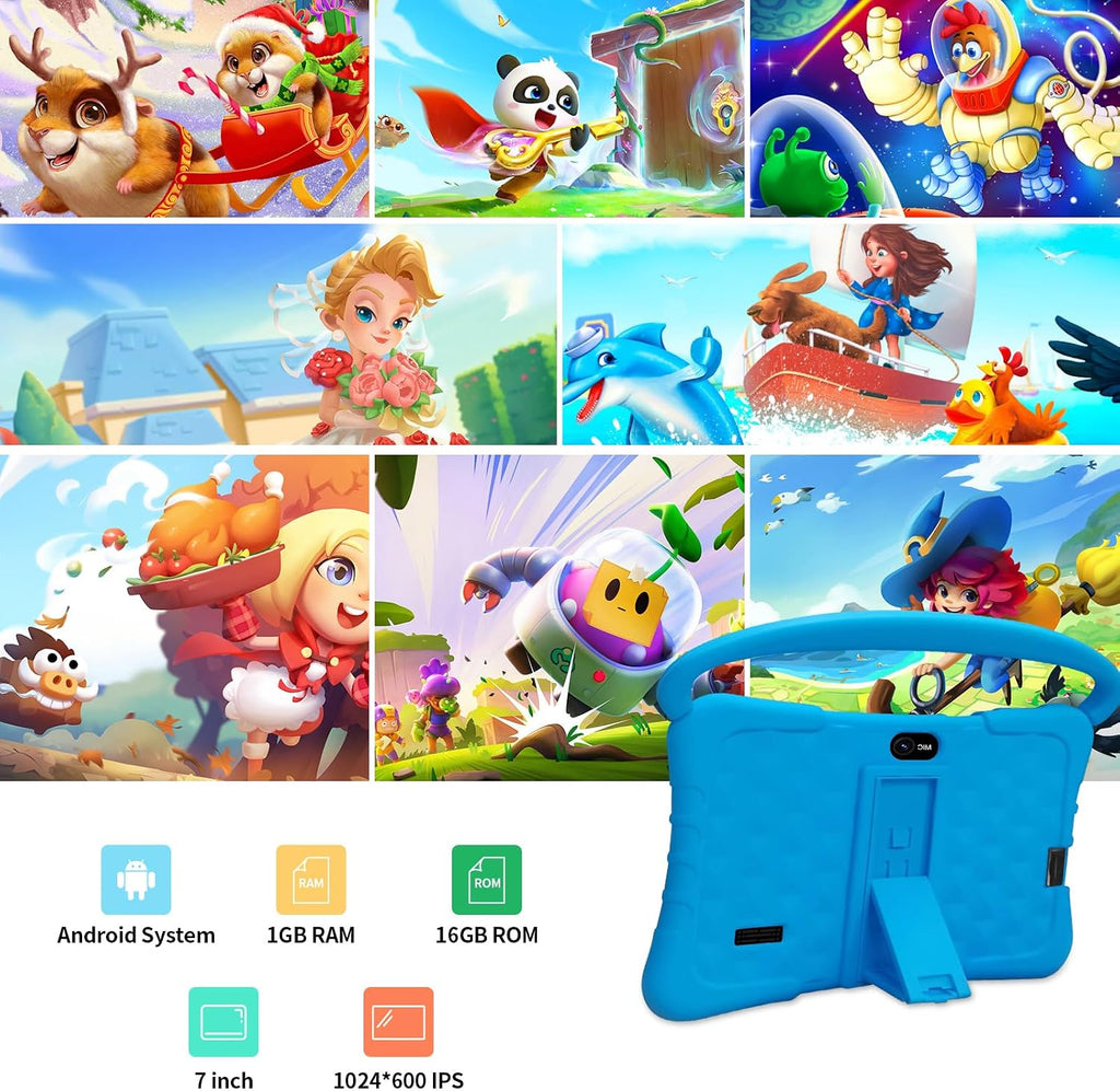 Tablet Kids de 7 pulgadas con funda a prueba de golpes, 1 GB de RAM 32 GB ROM, tableta Android para niños pequeños con Bluetooth, GMS, WiFi, control parental, educativo, juegos (azul)