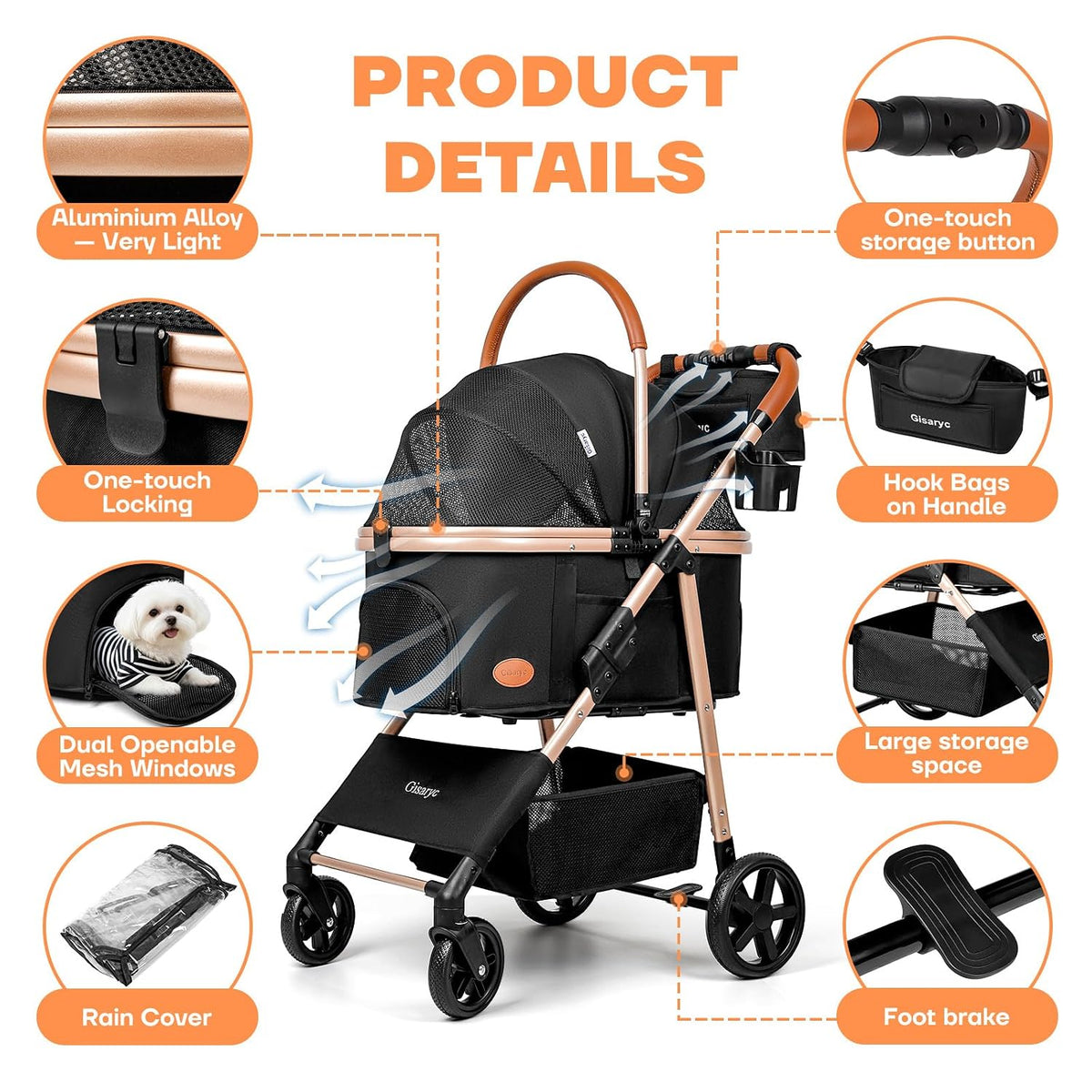 Cochecito para perros y gatos para mascotas pequeñas/medianas de hasta 50 libras, cochecito plegable 3 en 1 para mascotas con transportador desmontable, asiento de automóvil, canasta de almacenamiento