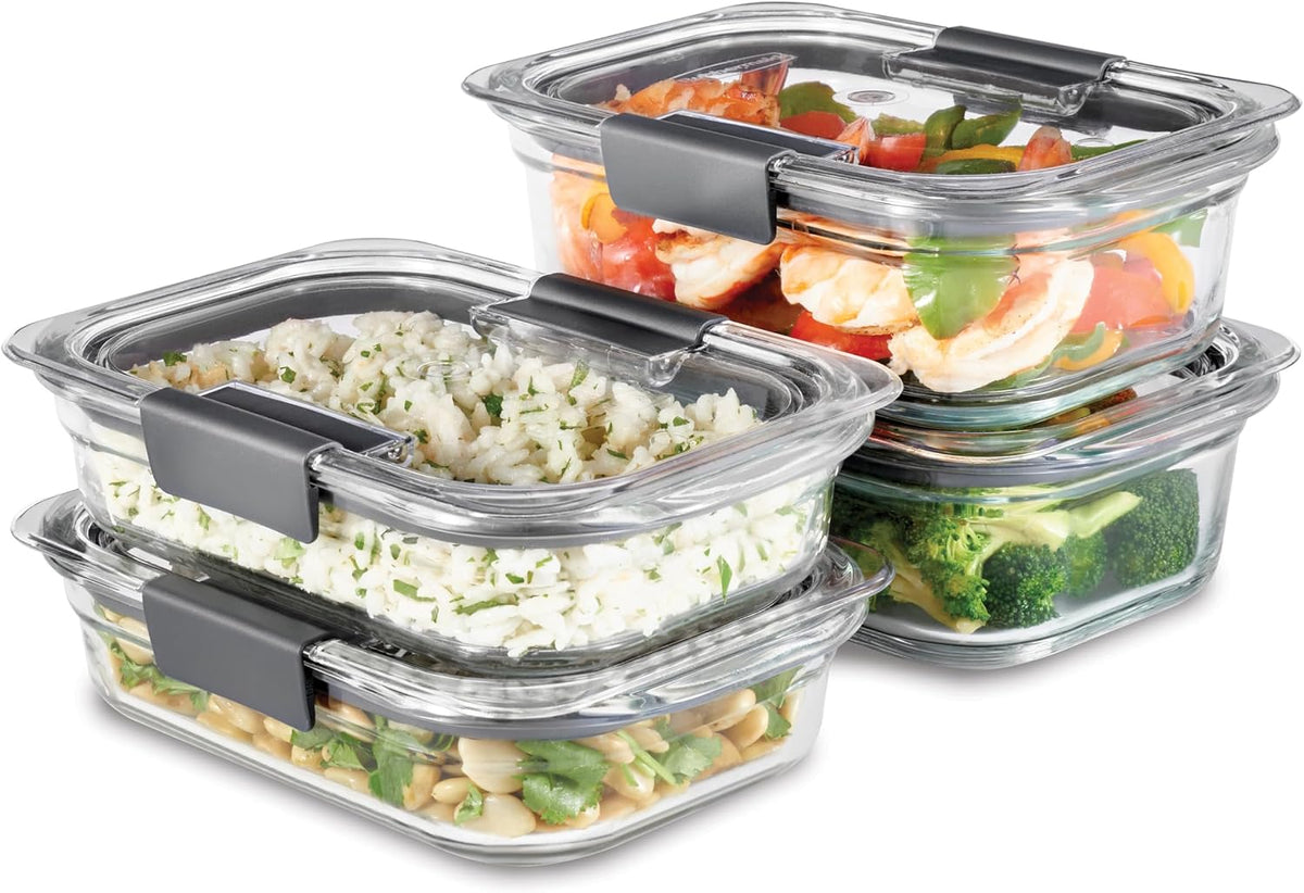 Rubbermaid Brilliance - Juego de 4 contenedores de vidrio para almacenar alimentos con tapas (8 piezas en total, 4 contenedores + 4 tapas) para almuerzo, preparación de comidas y sobras, aptos para