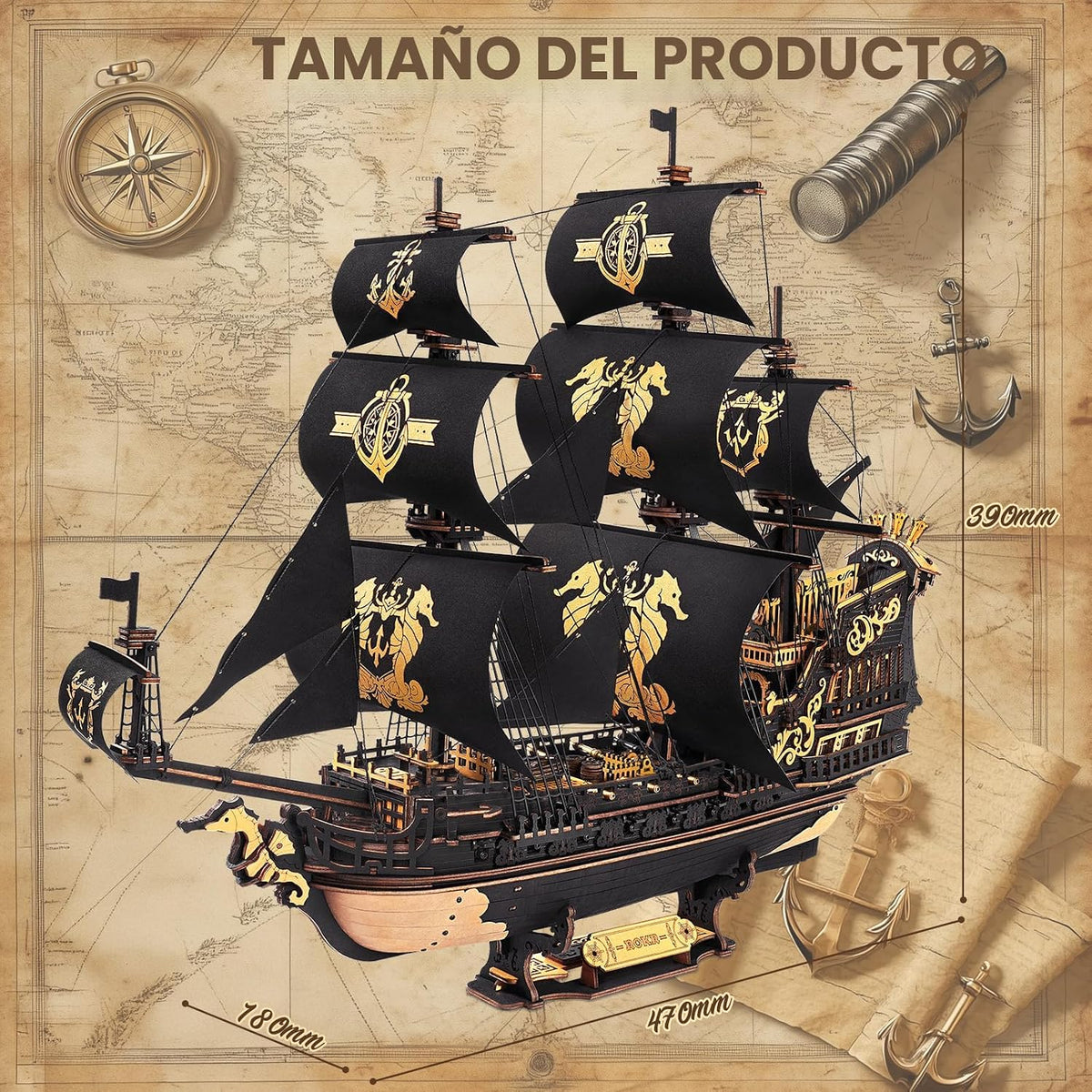 ROKR - Rompecabezas de madera 3D, kit de modelo de barca de caballito de mar, regalo ideal para adultos y adolescentes