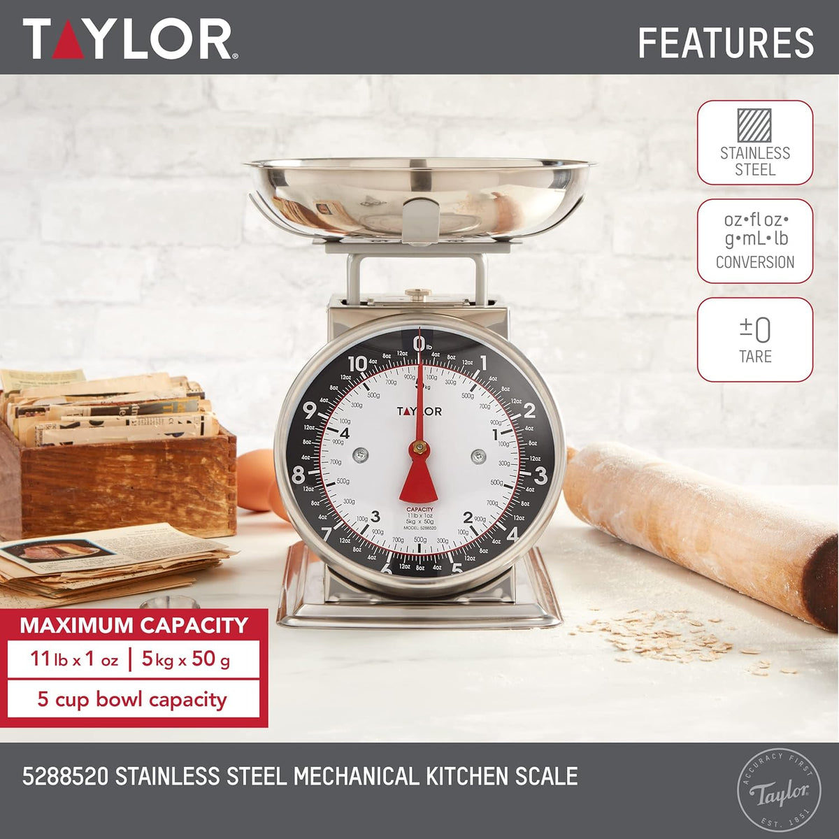 Taylor Báscula mecánica de cocina con cuenco, pesa hasta 11 libras, mide en gramos y onzas, báscula de cocina analógica para hornear, color negro y plateado