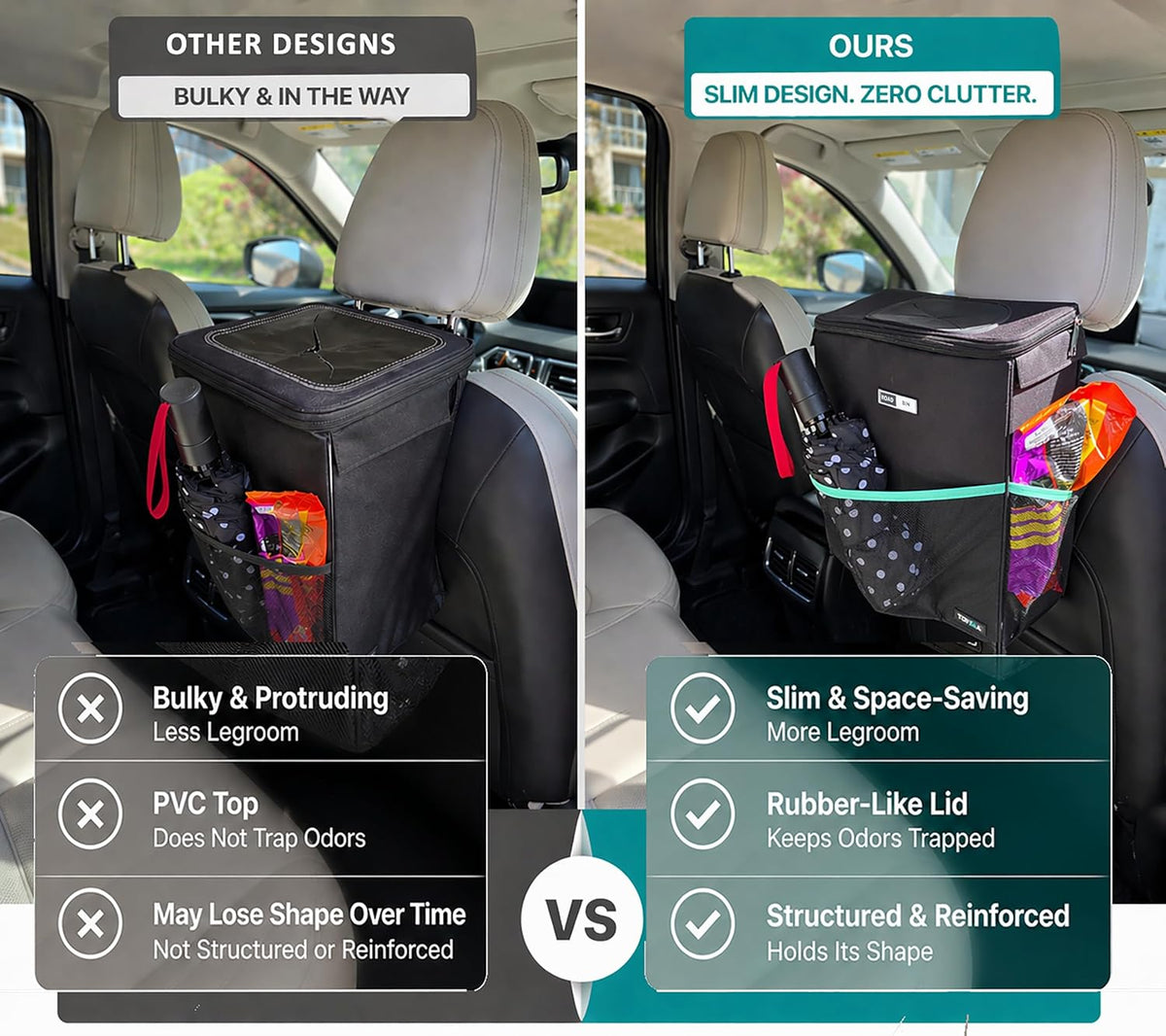 RoadBin - Cubo de basura para automóvil con tapa, delgado de 4 pulgadas y 2.5 galones, para asiento trasero, se mantiene vertical, a prueba de fugas y sellado de olores para camiones, SUV y camionetas