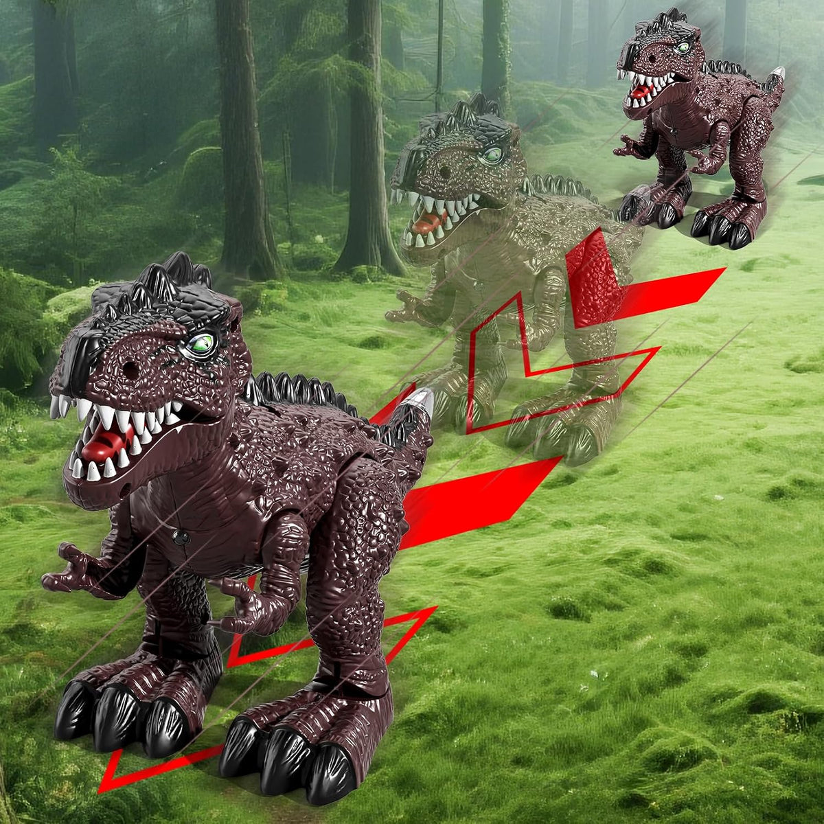 Paquete de 3 juguetes electrónicos de dinosaurio caminante para niños de 3 a 5 años, juguetes de dinosaurios en movimiento con luces, sonidos rugientes, T-Rex, braquiosaurio y estegosaurio