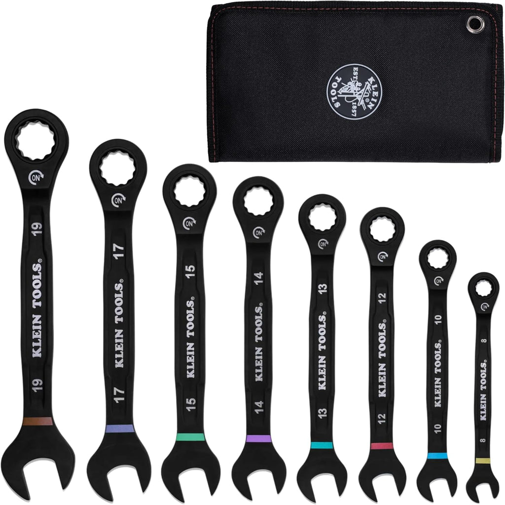 KLEIN TOOLS 69408MG - Juego de llaves de trinquete combinadas, métricas, 8 piezas, 8 a 19 mm, aleación de acero, funda de espuma, 90 dientes