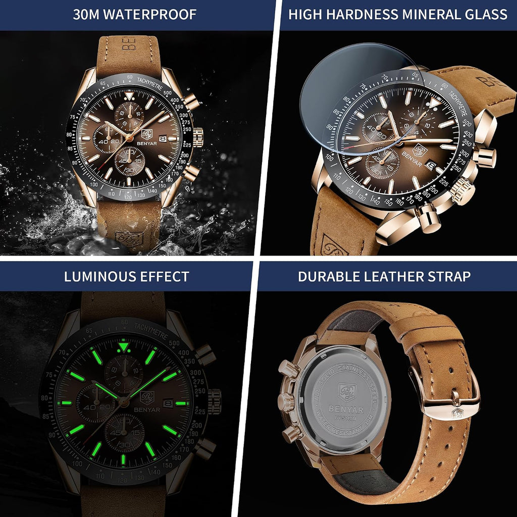 BENYAR Reloj para hombre analógico cronógrafo de cuarzo, impermeable, luminoso, de diseñador, relojes de pulsera para hombre, para negocios, trabajo, deporte, casual, con correa de silicona