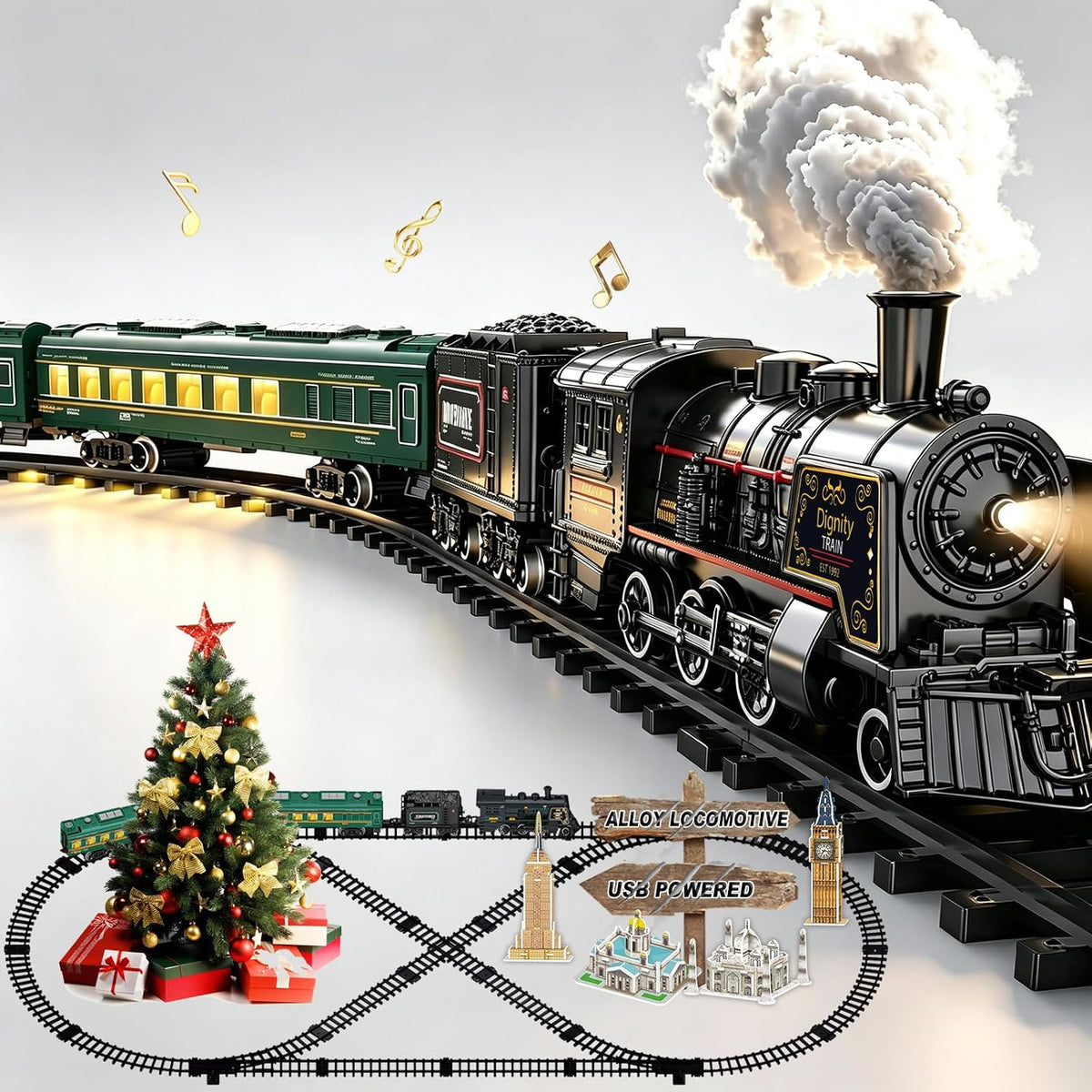 Juegos de tren eléctrico para niños, juguetes de tren de Navidad de aleación de metal, locomotora de vapor, vagones de pasajeros brillantes, pistas de lujo, luz y sonidos, regalos de cumpleaños recargables para niños y niñas, rojo y verde