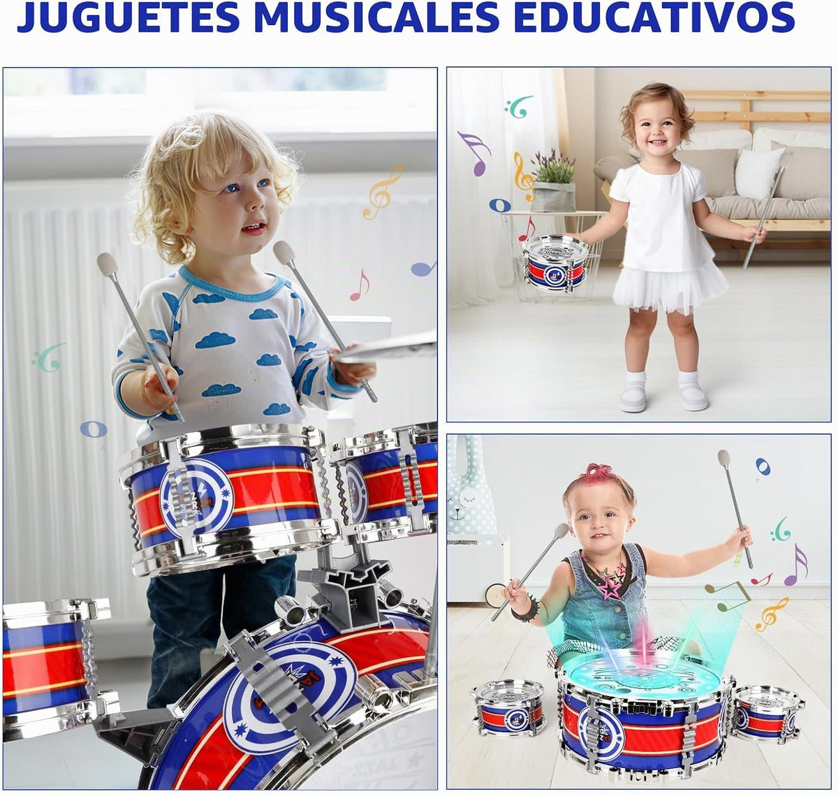 Set de Batería para Niños para Toddlers Edad 3+, Juguete de Tambores Musicales con Banco y Platillo