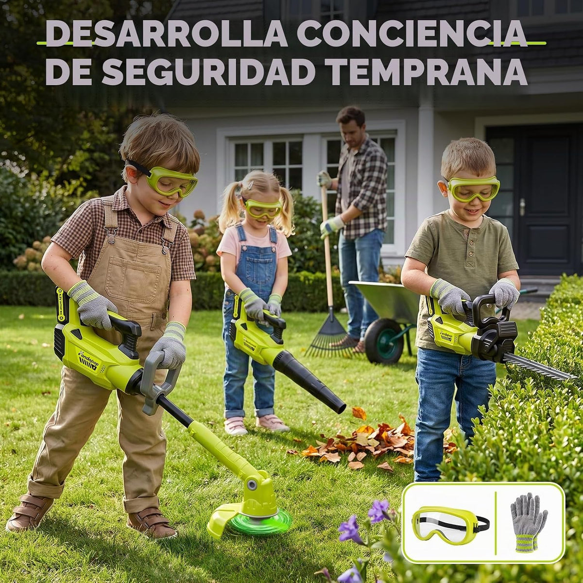 Pandapop 3 en 1 niños Podadora de césped de juguete + soplador de hojas de jardín para niños + podadora de setos de juguete