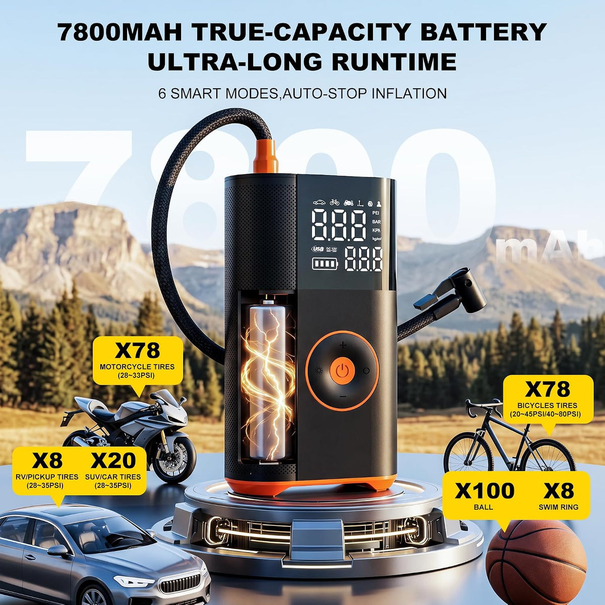 Inflador de neumáticos, compresor de aire portátil, 25 cilindros 100 W, inflado rápido, batería de 7800 mAh y bomba de aire inalámbrica de doble potencia de 12 V CC con doble calibre digital para