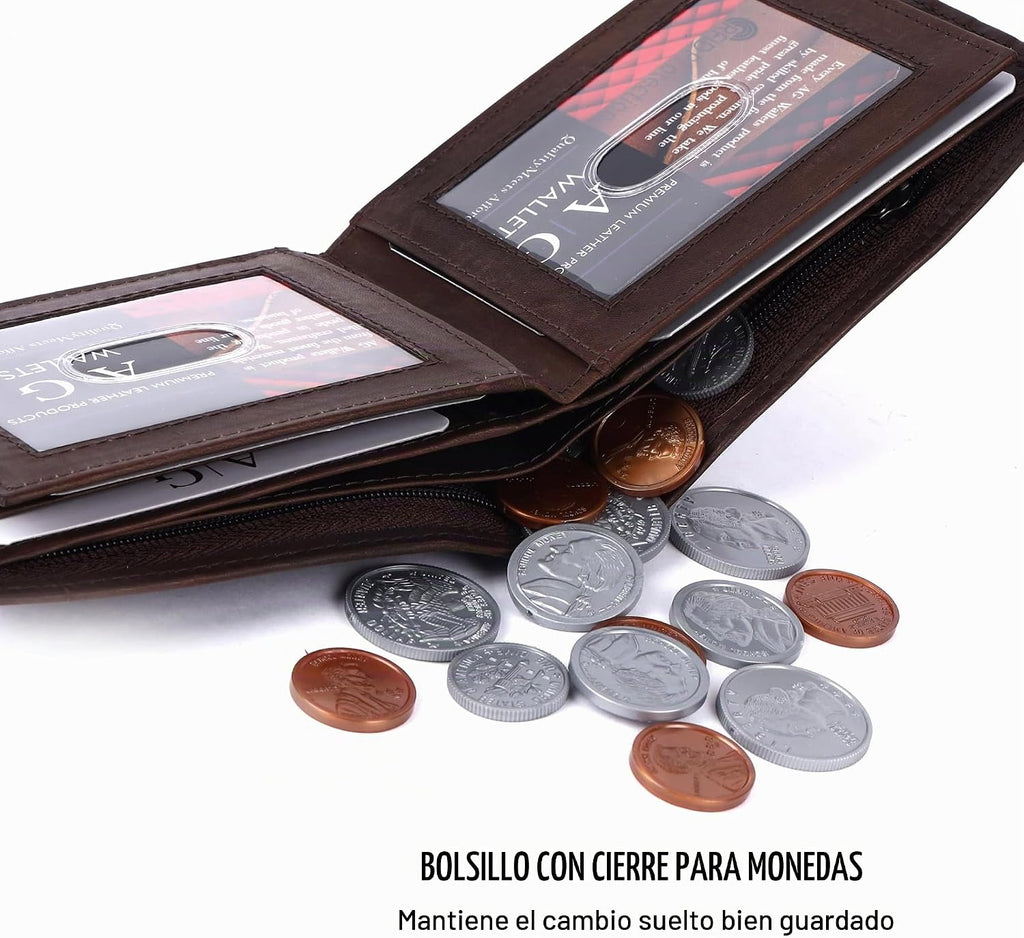 Billetera de cuero plegable para hombre con 3 ventanas para identificación