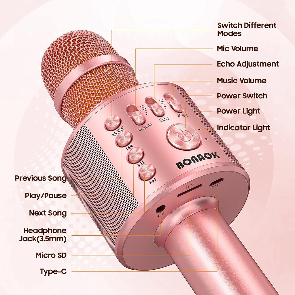 BONAOK - Micrófono inalámbrico Bluetooth para karaoke, 3 en 1; máquina altavoz con micrófono portátil de mano para todos los teléfonos inteligentes, regalos para niñas, niños, chicos y adultos de