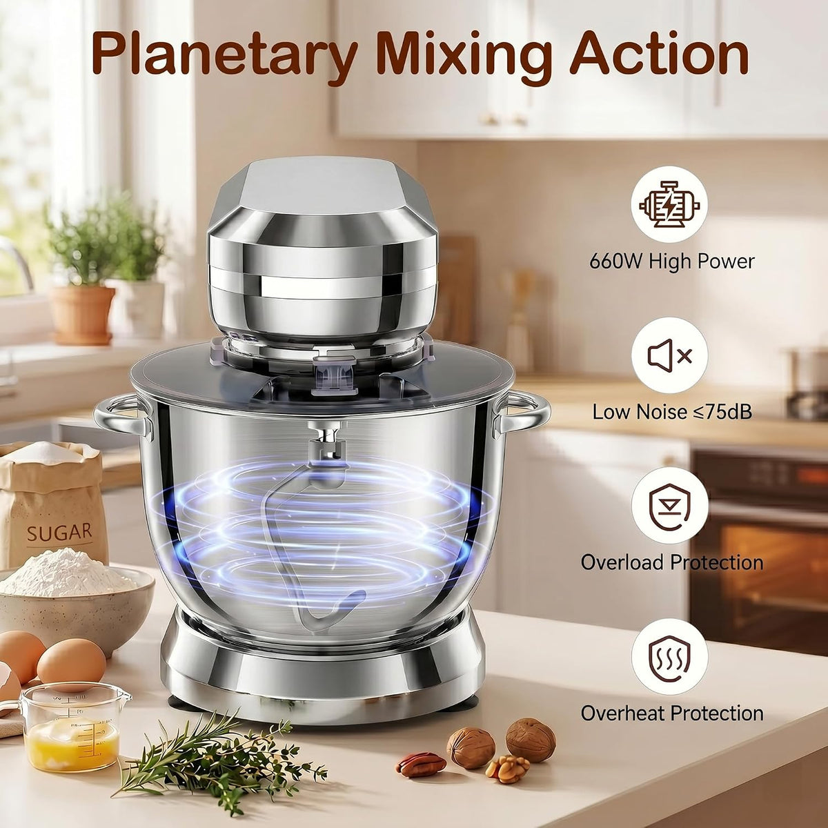 Batidora de pie 6 en 1 con cuenco de 6.5 cuartos de galón, 660 W 10+p velocidades de cocina, mezclador de alimentos de cabeza inclinable para pan y pasteles, para el hogar diario (plateado)