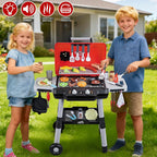 Juguetes de cocina para niños, juego de parrilla de barbacoa para niños con humo, sonido y luz, juguete de barbacoa de 2 niveles con rueda, juguetes de parrilla de juego al aire libre para niños