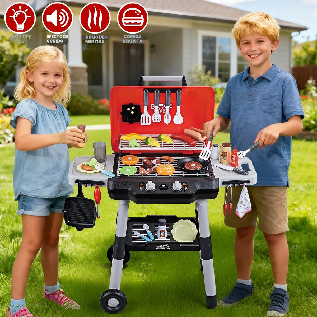 Juguetes de cocina para niños, juego de parrilla de barbacoa para niños con humo, sonido y luz, juguete de barbacoa de 2 niveles con rueda, juguetes de parrilla de juego al aire libre para niños