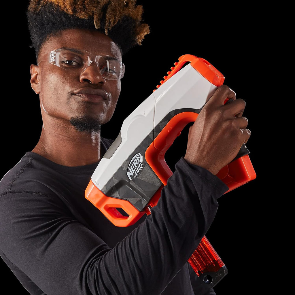 Nerf Pro Sender - Lanzador de dardos semiautomático de longitud media, 150 FPS, 30 dardos Nerf Pro de longitud media, cargador de 15 dardos, lentes, regalos para adolescentes, mayores de 14 años