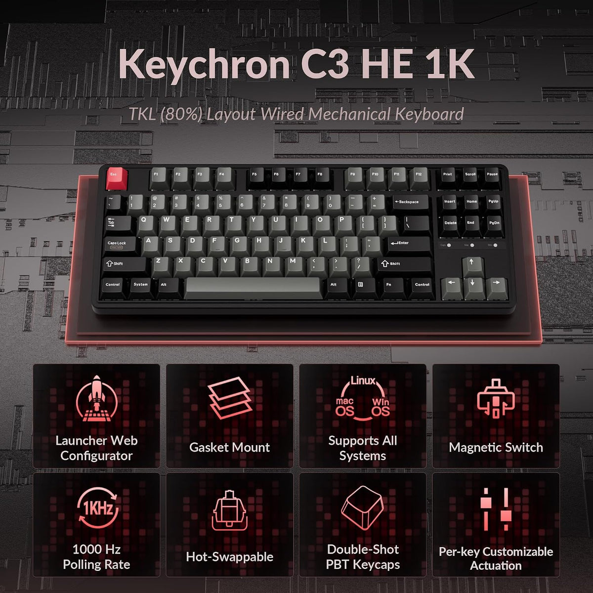 Keychron Teclado mecánico con cable C3 HE TKL (80% de diseño), inte...