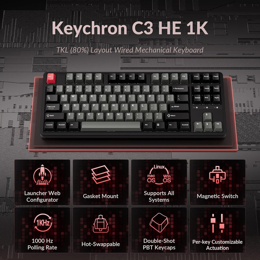 Keychron Teclado mecánico con cable C3 HE TKL (80% de diseño), inte...
